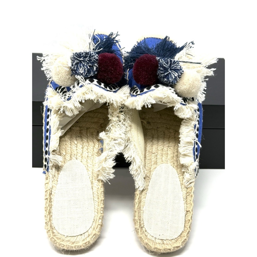 Tonivis Canvas Pom-Pom Fringe Trim Slip On Espadrilles Mules Flat Blue Women's 9 - Picture 3 of 10